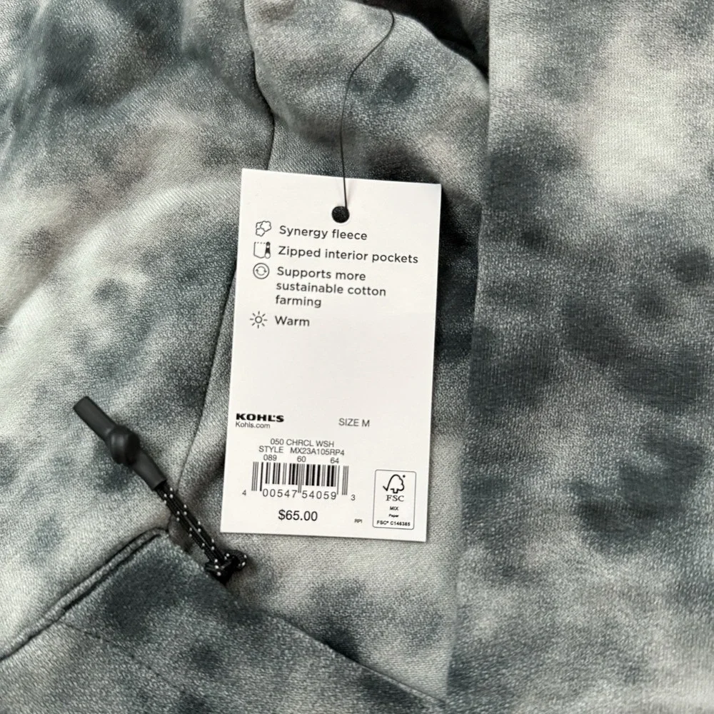 FLX Synergy Fleece Sweatshirt Hoodie Green TieDye Print Zip Pockets Medium NWT